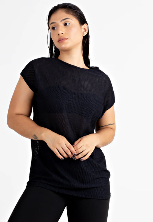 Blusa Fitness Feminina Dry Preta Transparente Ref. LX123